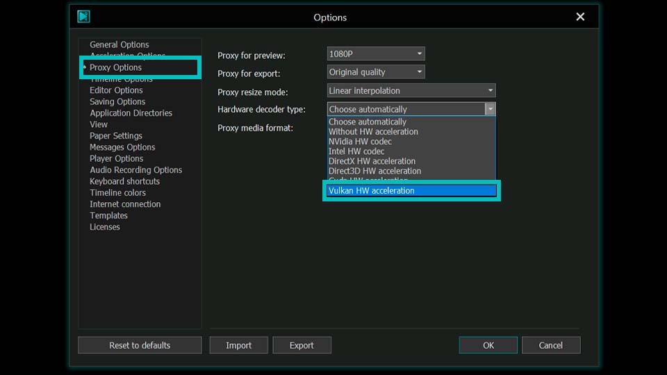 VSDC Vulkan hardware acceleration for proxy generation with high resolution H.265 HEVC footage