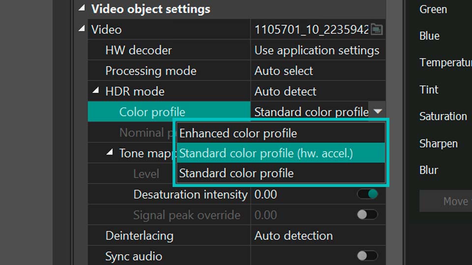 VSDC standard hardware accelerated HDR color profile setting