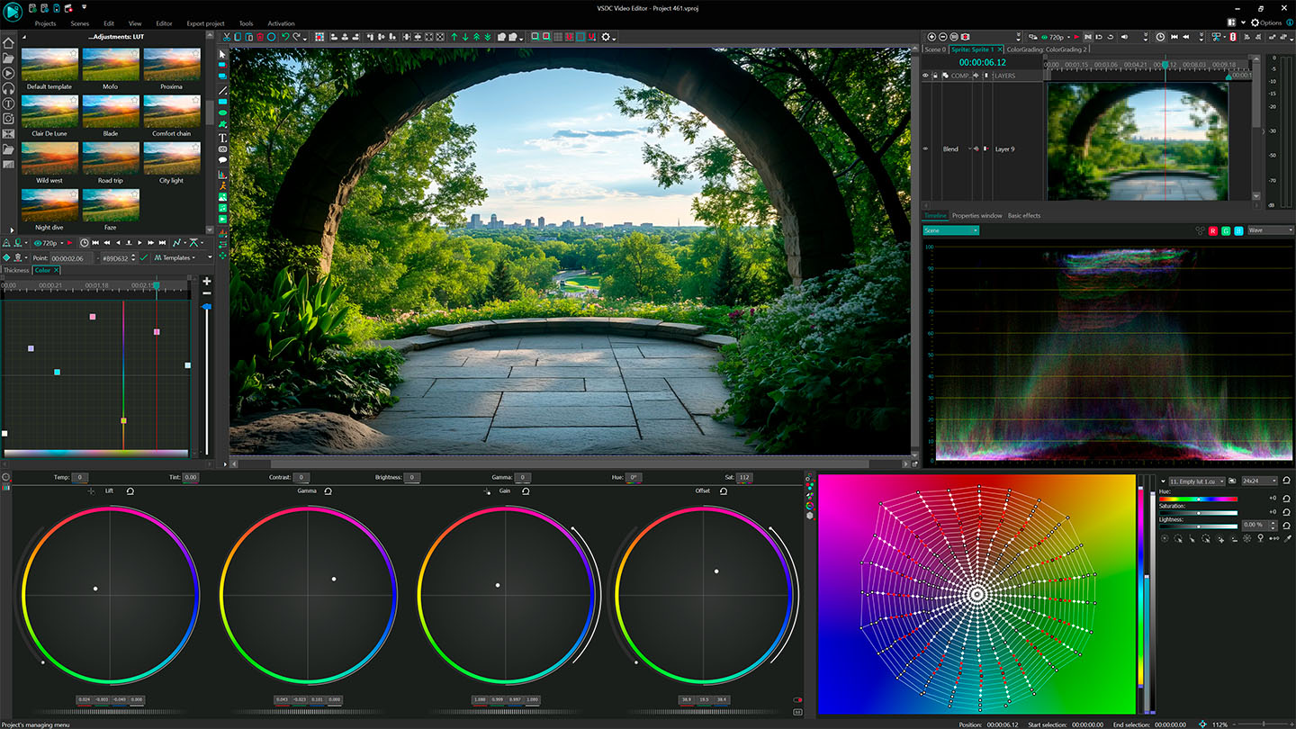 VSDC HDR color grading workflow with color wheels, curves and scopes