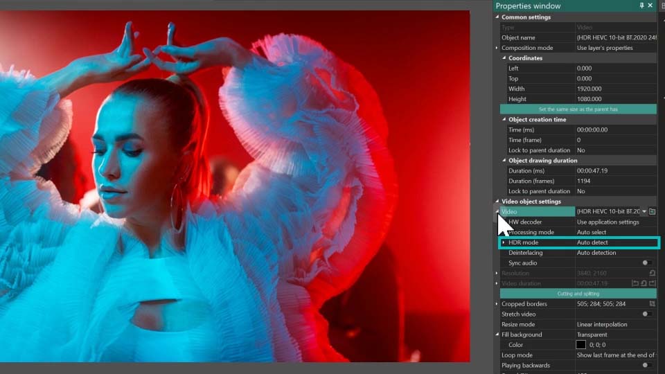 VSDC Video Editor HDR mode Auto Detect setting in video object properties